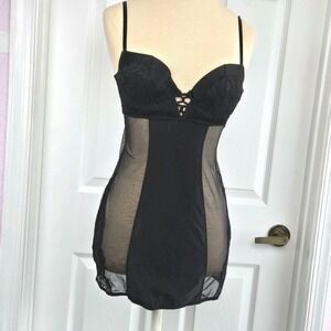 Victoria's Secret Black Lace Mesh Babydoll Corset Top Size 34B Lingerie Festival